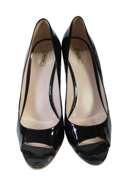 Miu Miu Womens Patent Leather Slide On Open Toe Wedge Pumps Black Size 10