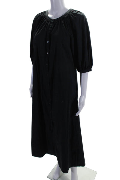 Staud Womens Short Puffy Sleeves Button Down Dress Black Cotton Size Small