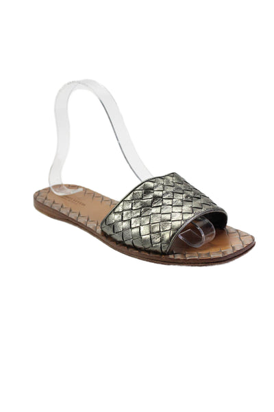 Bottega Veneta Womens Metallic Intrecciato Slide Sandals Brown Leather Size 37