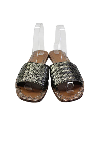 Bottega Veneta Womens Metallic Intrecciato Slide Sandals Brown Leather Size 37