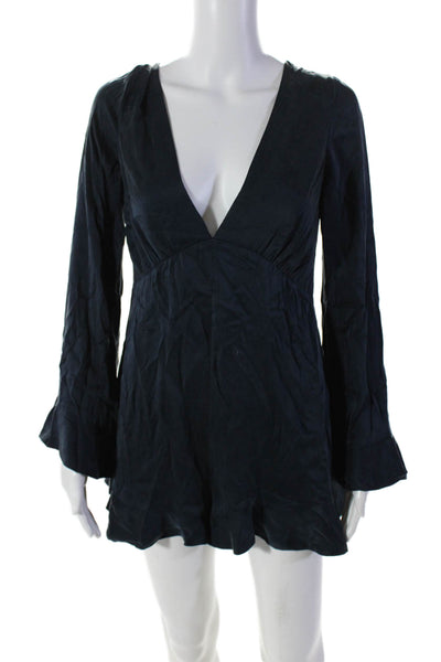 Zimmermann Womens Silk Long Sleeve V Neck Ruffle Trim Dress Blue Size 1