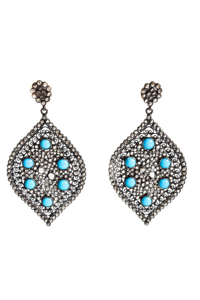 Designer Womens Silver Tone Turquoise Diamond Accent Open Work Dangle Earrings