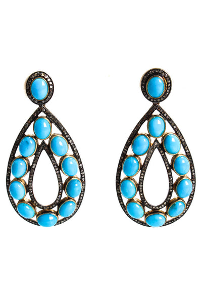 Designer Womens Gold Tone Turquoise Diamond Accent Teardrop Earrings