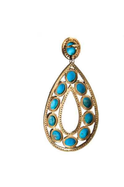 Designer Womens Gold Tone Turquoise Diamond Accent Teardrop Earrings