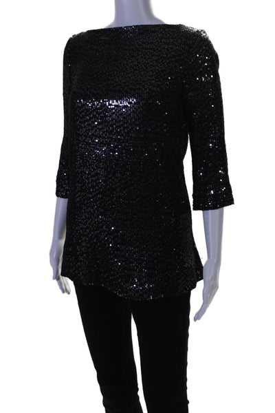 Tory Burch Womens Silk Long Sleeve Sequin Embellished Blouse Black Size 2