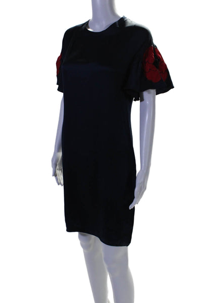 Yves Saint Laurent Women Silk Short Sleeves Shirt Dress Navy Blue Red Size EUR 3