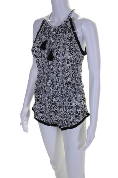 Poupette St. Barth Womens V Neck Fringe Printed Romper White Black Size Small