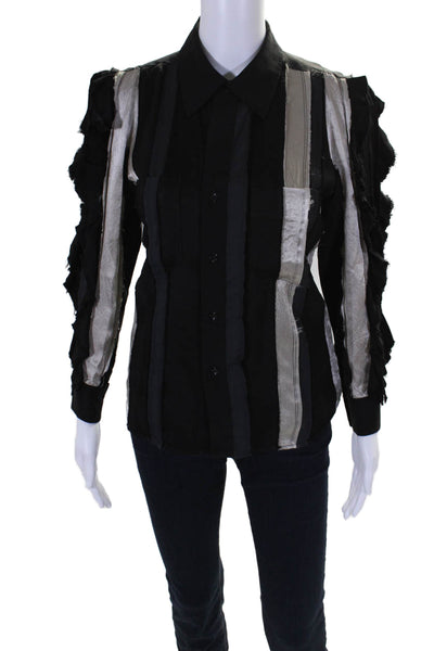 Toga Pulla Womens Button Front Collared Striped Fringe Shirt Black Gray EU 36