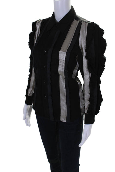 Toga Pulla Womens Button Front Collared Striped Fringe Shirt Black Gray EU 36