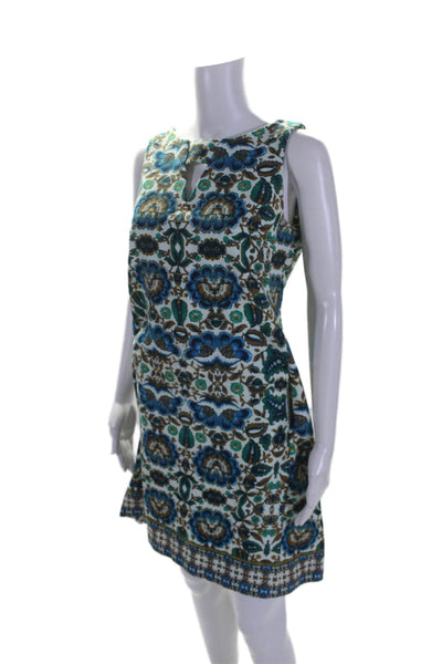 Taylor Womens Cotton Blue Green Floral Crew Neck Sleeveless Shift Dress Size 10