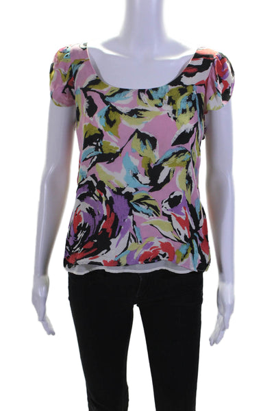 Corey Lynn Calter Womens Short Sleeve Scoop Neck Abstract Silk Top Pink Multi 4