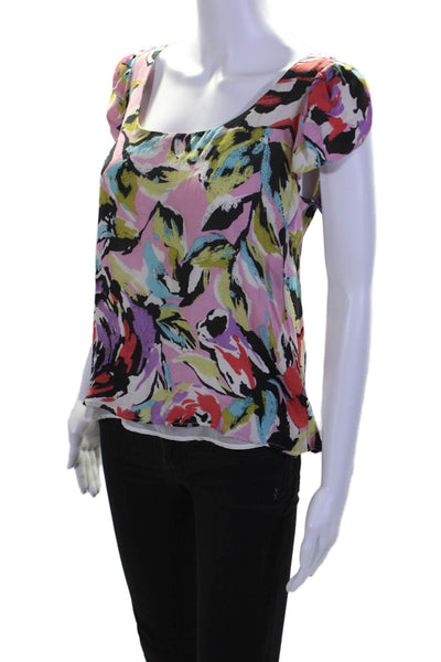 Corey Lynn Calter Womens Short Sleeve Scoop Neck Abstract Silk Top Pink Multi 4