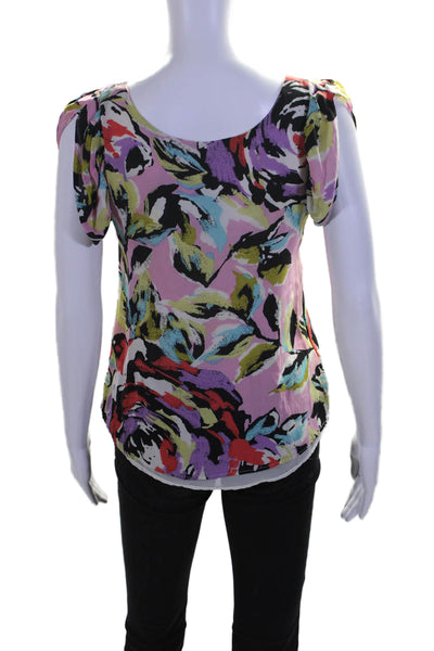 Corey Lynn Calter Womens Short Sleeve Scoop Neck Abstract Silk Top Pink Multi 4