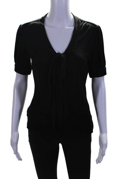 Yves Saint Laurent Womens Short Sleeve Tie Neck Knit Top Black Size Small