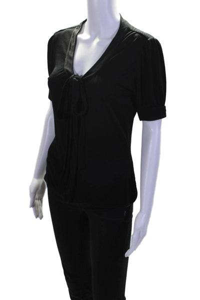 Yves Saint Laurent Womens Short Sleeve Tie Neck Knit Top Black Size Small