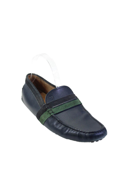 Tods Mens Leather Striped Textured Sole Apron Toe Driving Shoes Navy Size 6.5