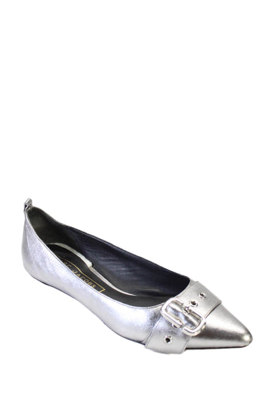 Marc Jacobs Womens Leather Metallic Buckled Pointed Toe Flats Silver Size 8US