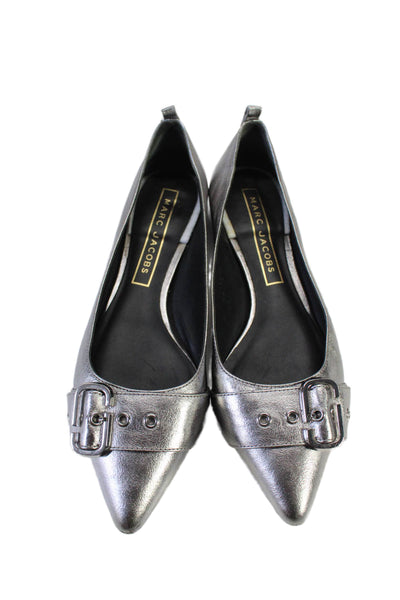 Marc Jacobs Womens Leather Metallic Buckled Pointed Toe Flats Silver Size 8US