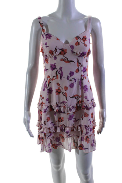 Lost + Wander Womens Pink Floral Open Back V-Neck Ruffle Mini Dress Size S