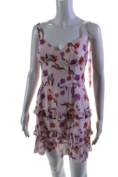 Lost + Wander Womens Pink Floral Open Back V-Neck Ruffle Mini Dress Size S