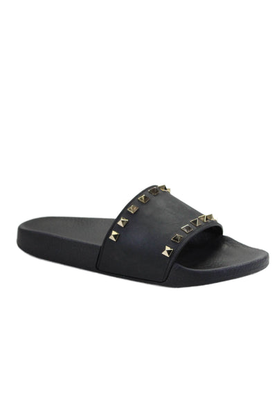 Valentino Garavani Womens Black Rockstud Rubber Slip On Slides Shoes Size 9