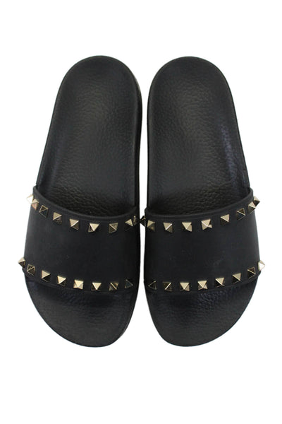 Valentino Garavani Womens Black Rockstud Rubber Slip On Slides Shoes Size 9