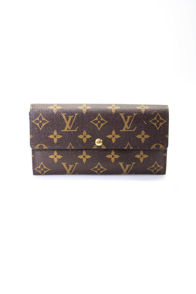 Louis Vuitton Womens Leather Monogram Canvas Flap Snapped Buttoned Wallet Brown