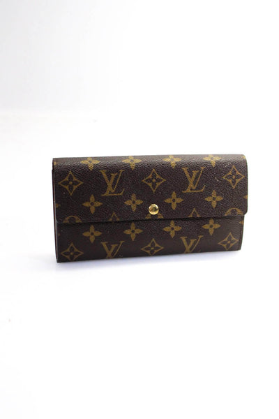 Louis Vuitton Womens Leather Monogram Canvas Flap Snapped Buttoned Wallet Brown