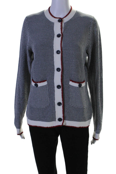 September Womens Button Front Crew Neck Cardigan Sweater Navy White Red Medium