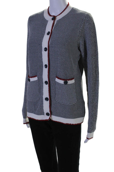 September Womens Button Front Crew Neck Cardigan Sweater Navy White Red Medium