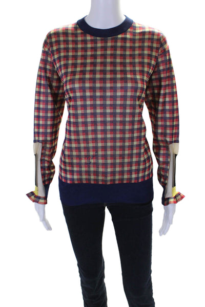 Toga Pulla Womens 3/4 Sleeve Round Neck Knit Plaid Top Red Brown Blue Size EU 36