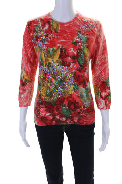 Libertine Womens Back Zip 3/4 Sleeve Studded Floral Wool Sweater Red Small