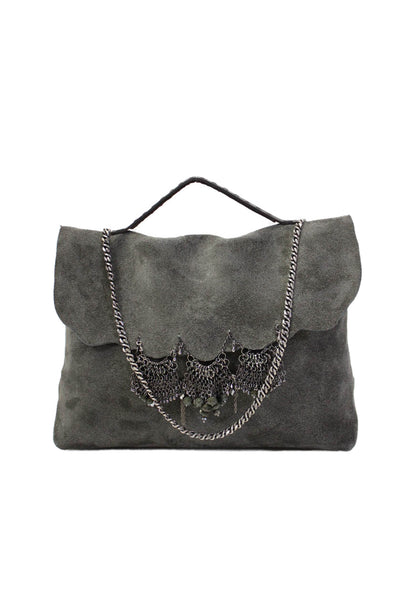 Anat Gelbard Womens Single Chain Strap Embellished Handbag Leather Gray Medium