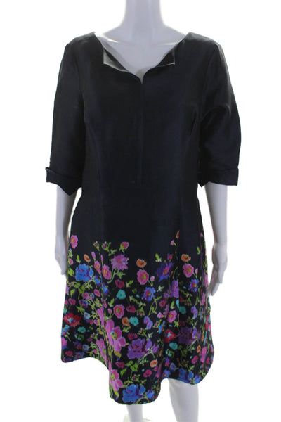 Oscar de la Renta Womens Silk Floral Print Darted Zipped Midi Dress Navy Size 10