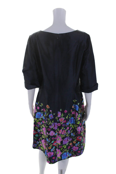 Oscar de la Renta Womens Silk Floral Print Darted Zipped Midi Dress Navy Size 10