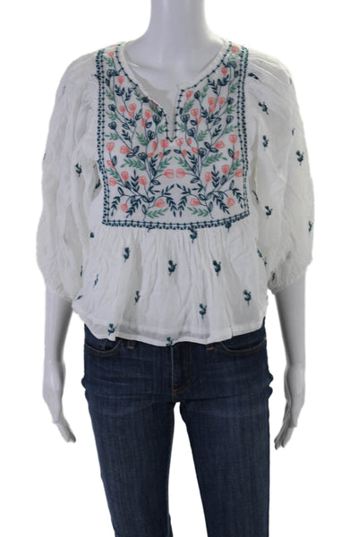 Pink Chicken Womens 3/4 Sleeve V Neck Floral Embroidered Top White Size XS