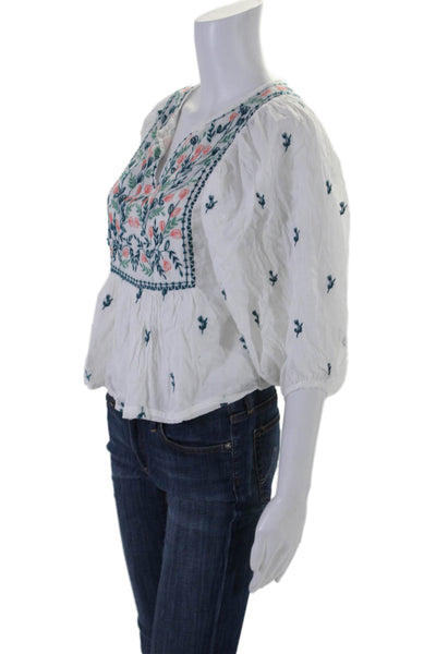 Pink Chicken Womens 3/4 Sleeve V Neck Floral Embroidered Top White Size XS