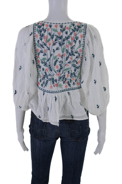 Pink Chicken Womens 3/4 Sleeve V Neck Floral Embroidered Top White Size XS