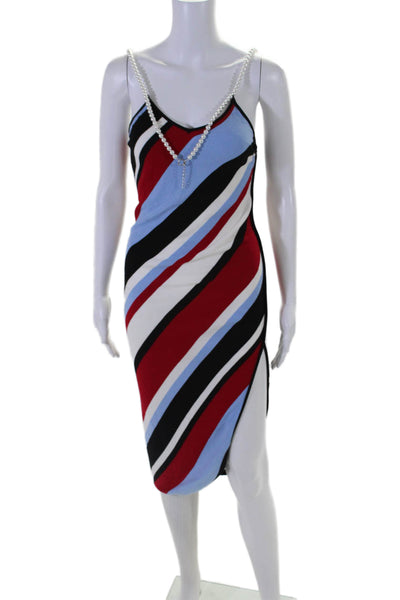Adam Selman Womens Faux Pearl Spaghetti Strap Striped Dress Blue Black Red XS