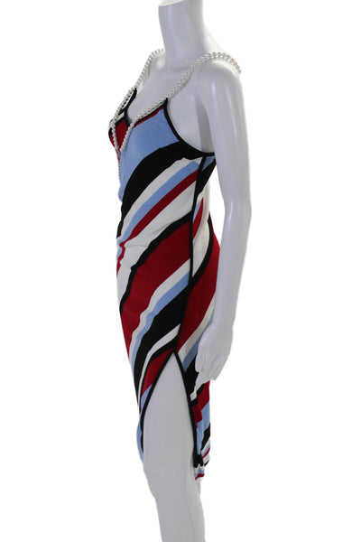 Adam Selman Womens Faux Pearl Spaghetti Strap Striped Dress Blue Black Red XS