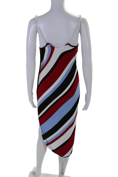 Adam Selman Womens Faux Pearl Spaghetti Strap Striped Dress Blue Black Red XS
