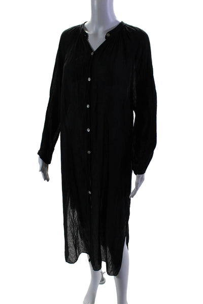 Margot Womens Long Sleeves Button Down Shirt Dress Black Cotton Size Medium