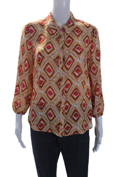 Ecru Womens Button Front 3/4 Sleeve Collared Printed Shirt Multicolored Medium