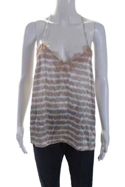 Cami Womens Silk Striped V-Neck Lace Trim Pullover Tank Top Blouse Beige Size L