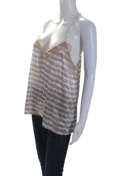 Cami Womens Silk Striped V-Neck Lace Trim Pullover Tank Top Blouse Beige Size L