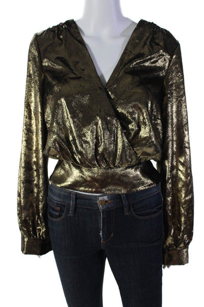 Frame Womens Long Sleeve Metallic V Neck Blouse Gold Size S