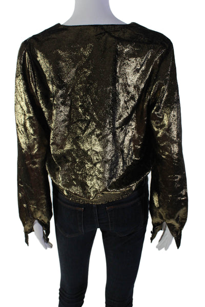 Frame Womens Long Sleeve Metallic V Neck Blouse Gold Size S