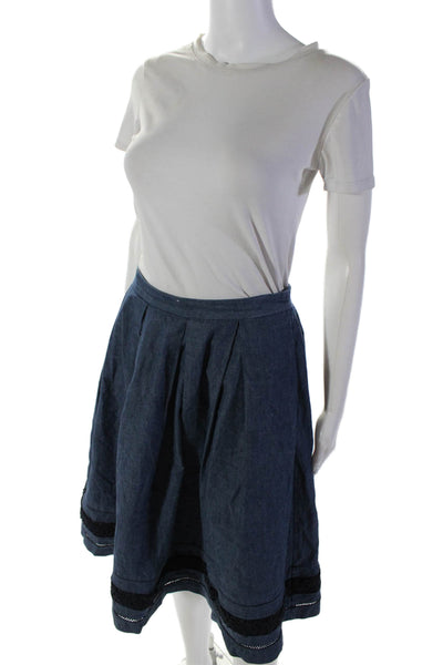 Karl Lagerfeld Womens Denim Pleated Embroidered Trim A Line Skirt Blue Size S