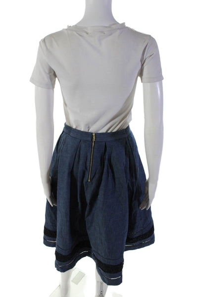 Karl Lagerfeld Womens Denim Pleated Embroidered Trim A Line Skirt Blue Size S