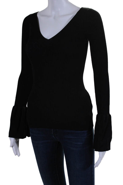 Sandro Womens Long Flare Sleeve V Neck Stretch Knit Top Shirt Black Size 1